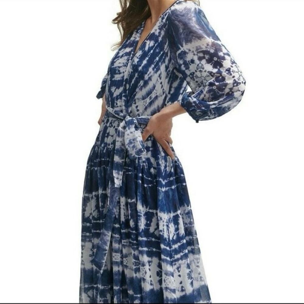Calvin Klein Tie-Dyed Wrap Maxi Dress Size 2 Blue White Boho Hippie - Picture 4 of 10